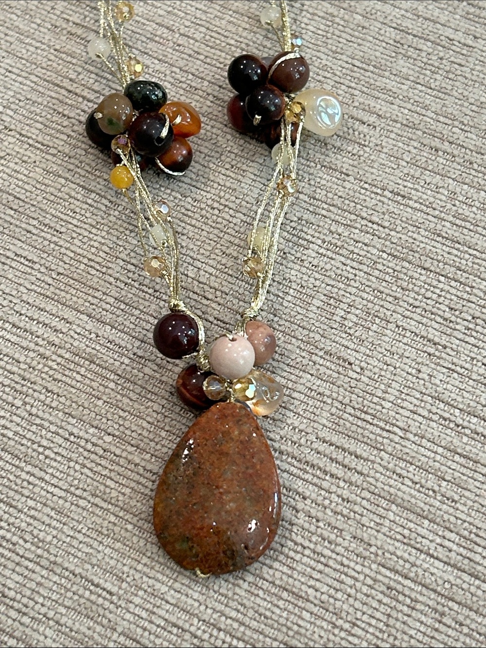 Beaded Multi-Stone Unakite Teardrop Pendant Necklace - Brown image 5